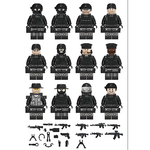 Universal 12pcs noir SWAT police petits blocs de construction accessoires jouets militaires