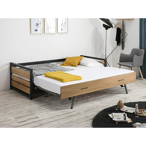 Vente-Unique Lit gigogne industriel BOSTON - 2 x 90 x 190 cm - MDF, Pin et métal - Coloris : Noyer et anthracite + Matelas