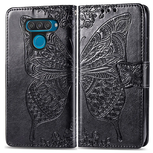 Wewoo Housse Coque Étui en cuir à rabat horizontal Butterfly Love Flowers gaufrage pour LG Q60avec support et logements cartesainsi que portefeuille et lanière noir