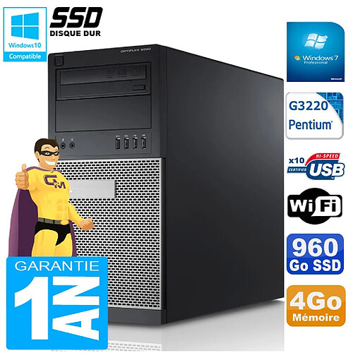 PC Tour DELL 9020 Intel G3220 Ram 4Go Disque 960 Go SSD Graveur DVD Wifi W7 · Occasion