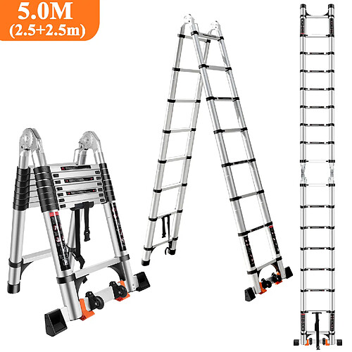 5.0M Échelle Télescopique en Aluminium Pliante avec 2 Roulettes (2,5M + 2,5M)