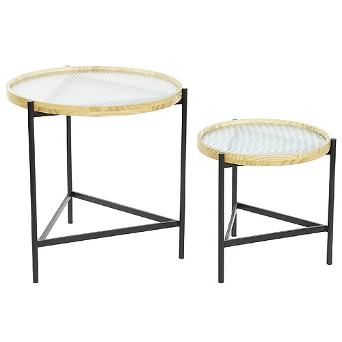 Pegane Set de 2 table d'appoint ronde en verre / métal noir - Diamètre 62 x Hauteur 55.5 cm