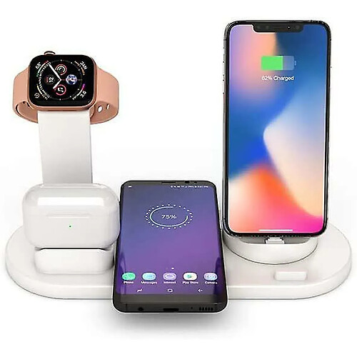 Chrono Station de charge sans fil 4 en 1, station de charge rotative à 360 ° pour téléphones Apple/Micro/type C, support de charge rapide sans fil Qi pour série iWatch, Airpods, iPhone, Samsung Galaxy,(blanc)