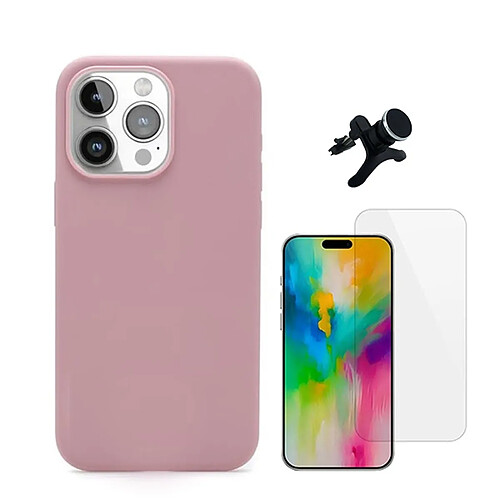 Kit Verre Trempé Clearglass + Housse Silicone Liquide + Support De Voiture Magnétique Phonecare Compatible avec Apple iPhone 16 Pro - Rose