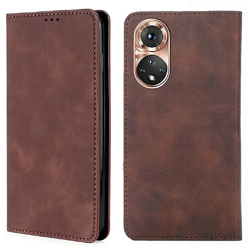 Etui en PU fermeture automatique magnétique avec support et porte-cartes marron foncé pour votre Honor 50