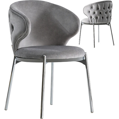 Vivenla Lot de 2 chaises de salle à manger design avec capitonnage à l'arrière revêtement en velours gris clair et piètement en acier inoxydable argenté collection AVERIL