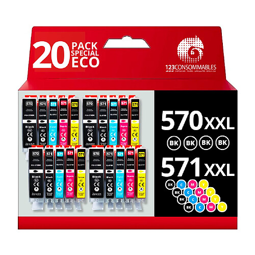 123CONSOMMABLES - 570 571XL - Cartouche d'encre Compatibles avec Canon 570 571 pour Canon PIXMA TS5055 TS5050 MG5750 TS5053 MG6852 MG6850 MG5700 MG5752 MG5753 (8 Noir / 4 Cyan / 4 Magenta / 4 Jaune)