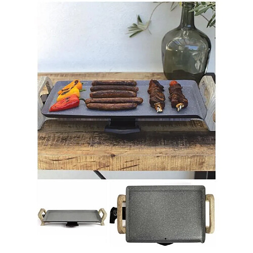 Livoo Plancha ELECTRIQUE 1800W ARMATURE Bois Revêtement antiadhésif APECT PIERRE bac récupérateur jus-cuisson 46 x 26 cm.