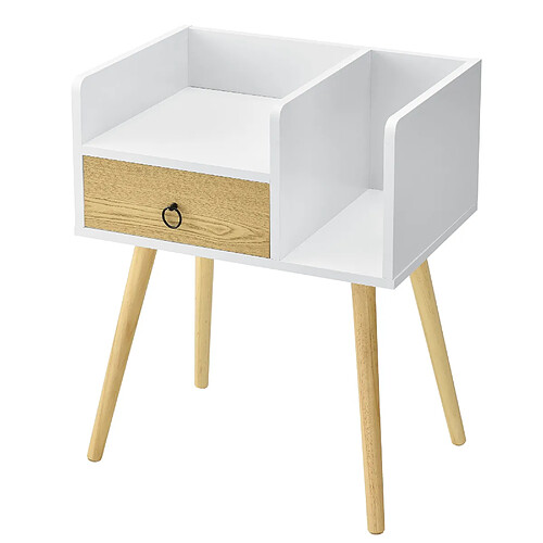 Helloshop26 Table de nuit chevet avec tiroir stockage commode bis pieds en pin 64 cm blanc beige 03_0004229