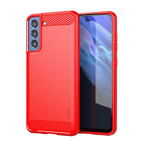 Mofi Coque en TPU Conception en fibre de carbone brossée bien protégée Flexible rouge pour votre Samsung Galaxy S21 FE