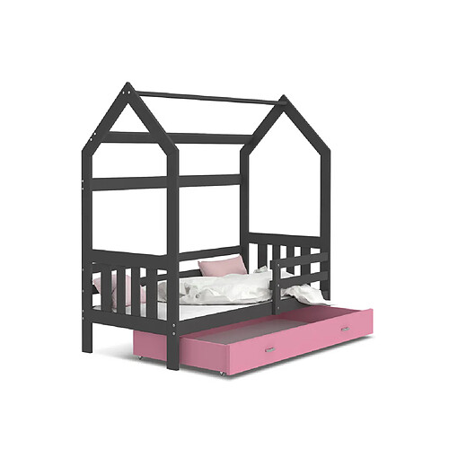 Kids Literie Lit Cabane 2 80x160 Gris - rose Livré avec sommiers, tiroir et matelas en mousse de 7cm