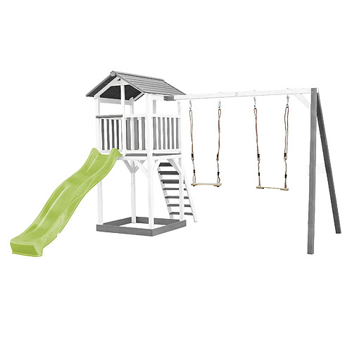 AXI Beach Tower Aire de Jeux avec Toboggan en VERT Clair, 2 Balançoires & Bac à Sable | Grande Maison Enfant extérieur en Gris & BLANC | Cabane de Jeu en Bois FSC