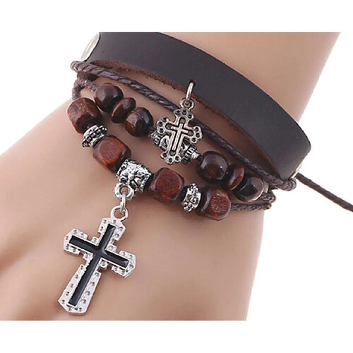 YP Select Bois Coloré Perlé Croix Religieux Charme Wrap Bracelet Brun Foncé