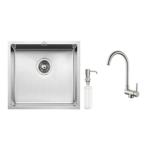 Auralum MAX Évier de Cuisine Inox 1 Bac 50*43*18CM avec Distributeur de Savon+Mitigeur Cuisine en Acier Inox 304 Rabattable Pivotant à 360°