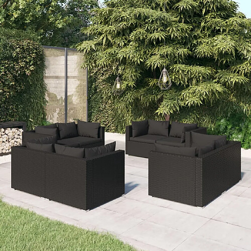 vidaXL Salon de jardin 8 pcs avec coussins Résine tressée Noir