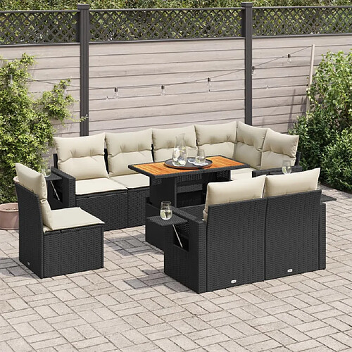 vidaXL Salon de jardin 9 pcs avec coussins noir résine tressée