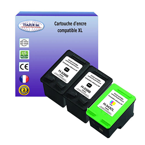 2+1 Cartouches compatibles avec HP Psc 1510, 1513, 1545, 1600, 1603, 1605, 1610, 1610v, 1610xi, 1613, 1615 remplace HP 338, HP343- T3AZUR