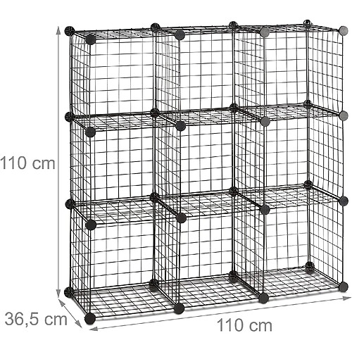 Helloshop26 Étagère modulable grille treillis 9 cubes compartiments métal meuble rangement grillage 35x35 cm noir 13_0001074