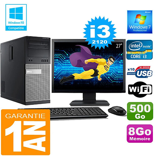 PC Tour DELL 7010 Core I3-2120 Ram 8Go Disque 500 Go Wifi W7 Ecran 27" · Occasion