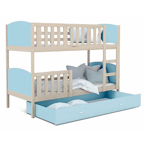 Kids Literie Lit Superposé Tomy 90x190 Pin - bleu Livré avec sommiers, tiroir et matelas en mousse de 7cm