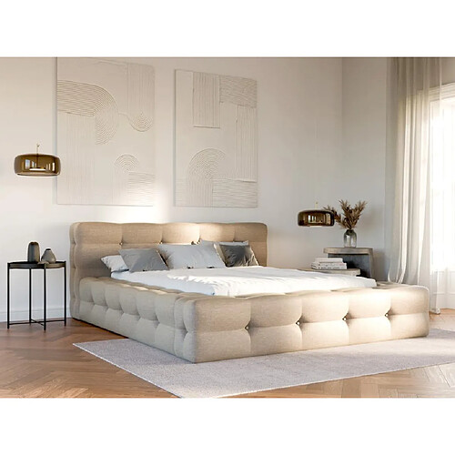 Lit capitonné 140 x 190 cm - Tissu chiné - Beige + Sommier + Matelas - LERUCO de Pascal Morabito