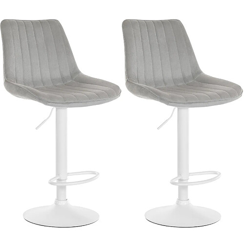 Decoshop26 Lot de 2 tabourets de bar réglable en hauteur pivotant à 360° assise en velours gris couture verticale pied métal blanc 10_0004431