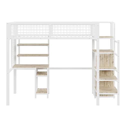 ComfortXL Lit Mezzanine 90x200cm En Fer Avec Armoire, Bureau Et Échelle De Sécurité, Blanc