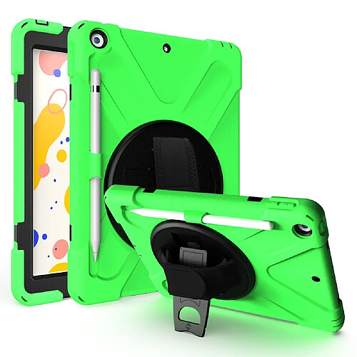 Coque en TPU + Silicone hybride avec béquille pivotante à 360 °, dragonne et porte-stylo vert pour votre Apple iPad 10.2 (2019)