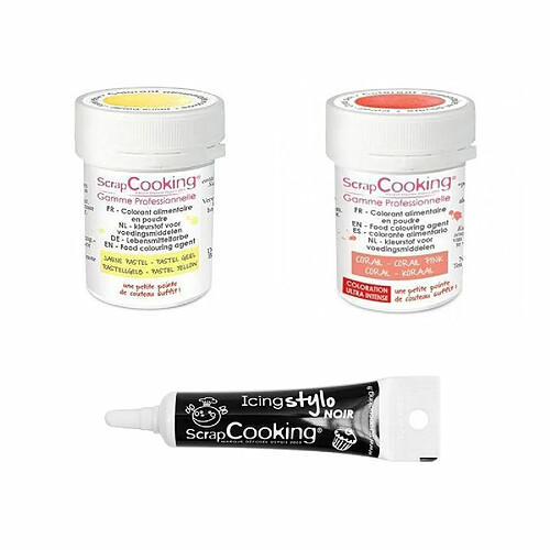 Scrapcooking 2 colorants alimentaires jaune pastel-corail + Stylo glaçage noir