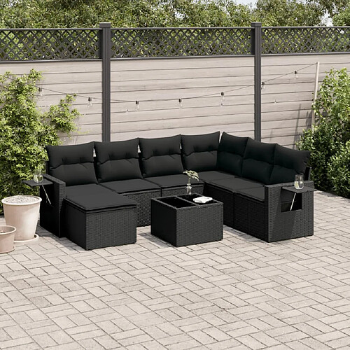 vidaXL Salon de jardin 8 pcs avec coussins noir résine tressée