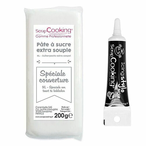 Scrapcooking Pâte à sucre de couverture blanche 200 g + Stylo de glaçage noir