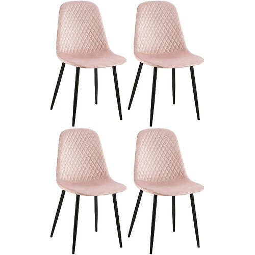 Decoshop26 Lot de 4 chaises de salle à manger coutures décoratives losanges assise en velours rose pieds métal noir mat 10_0001881