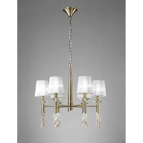 Luminaire Center Suspension Tiffany 6+6 Ampoules E14+G9, laiton antique avec Abat jour blancs & cristal transaparent