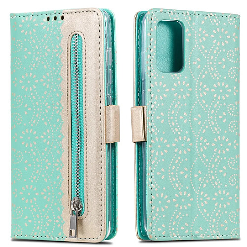 Etui en PU poche zippée en dentelle motif fleur vert pour votre Samsung Galaxy S20 Plus