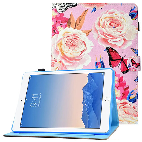 Etui en PU motif de couture avec support et porte-carte pour votre iPad Air (2013)/Air 2/9.7-pouces (2017)/(2018) - Fleurs/papillon