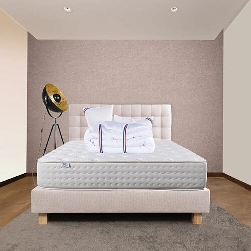 LUXURY LITERIE Ensemble Matelas Purlux, 26 cm, mousses haute densité, ferme, face été/hiver+sommier beige ep20cm+oreiller+couette+Tête de Lit, 140x200cm