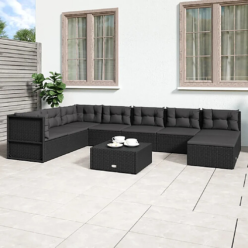 vidaXL Salon de jardin 8 pcs avec coussins noir résine tressée