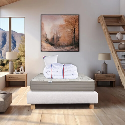 LUXURY LITERIE Ensemble Matelas Organic Cotton, 24 cm, mousses haute densité, ferme, face été/hiver + sommier beige ep20cm + oreiller + couette, 90x190cm