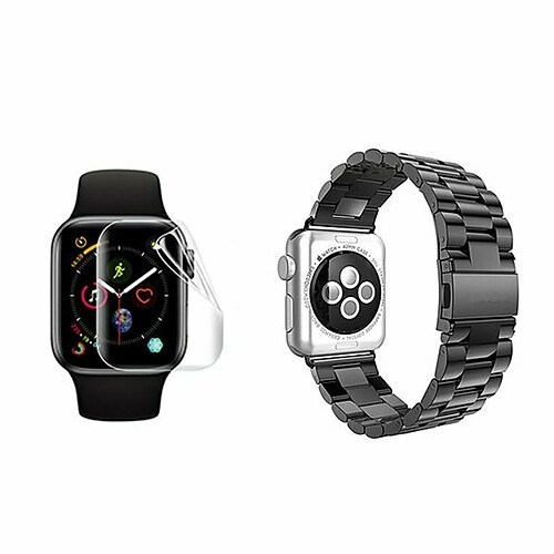 PHONECARE Kit Bracelet Acier Stainless Lux + Outil + Film de Gel Full Cover pour Apple Watch Edition Series 7 - 41mm - Noir