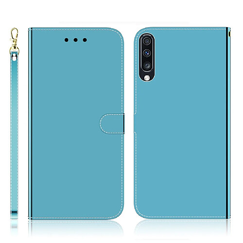 Wewoo Housse Coque Etui à rabat horizontal en surface imitation miroir pour Galaxy A70 avec fentes cartes et porte-cartes ainsi que portefeuille et lanière bleu