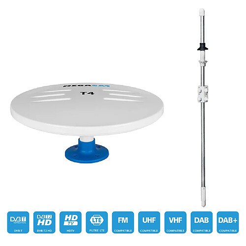 Megasat ANTENNE EXTERIEUR OMNIDIRRECTIONNELLE DVB-T T4 44dB 5/12V + MAT TRANSVERSAL 160 CM - POUR CAMPING CAR CAMION VOITURE BATEAU