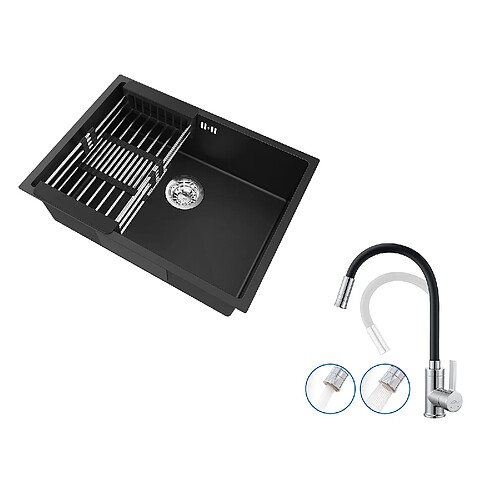 Auralum Max Évier Cuisine 1 Bac 60*44*20CM,inox 304,à Encastrer avec Panier Drainage,Noir+Mitigeur Cuisine Noir Flexible,Rabattable, 2 Types Jets