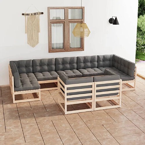 vidaXL Salon de jardin 9 pcs avec coussins Bois de pin massif