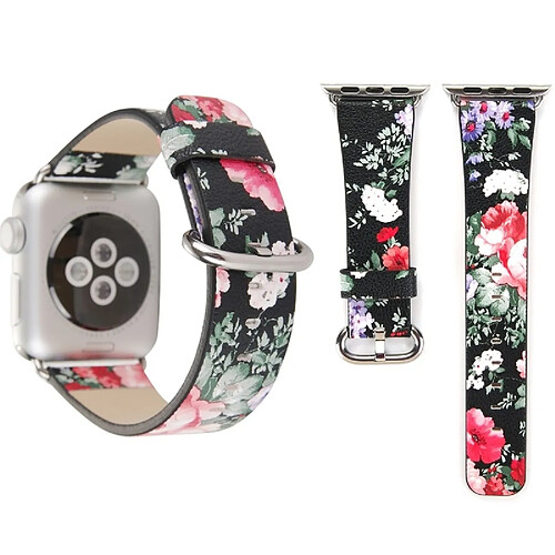 Wewoo Bracelet noir pour Apple Watch Series 3 & 2 & 1 38mm nouveau style chinois à l'encre motif floral en cuir véritable montre