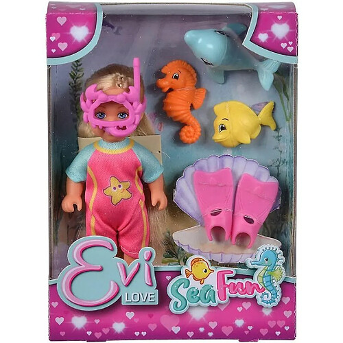 Simba Evi Love Sea Fun Poupée en Combinaison de plongée avec Palmes et Lunettes de plongée en Forme de Crabe avec Amis de la mer 12 cm à partir de 3 Ans