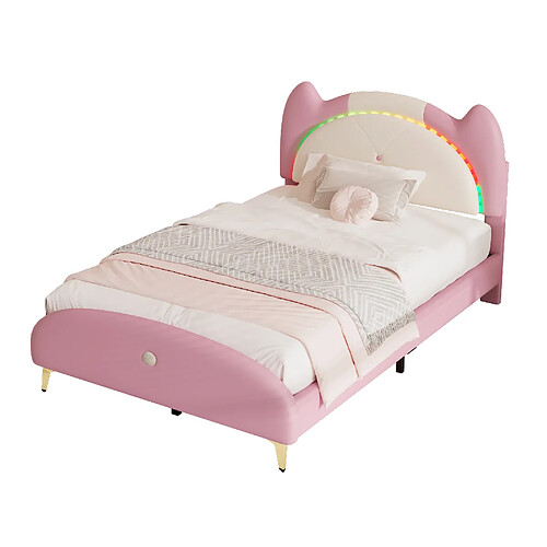 KOMHTOM Lit simple enfant 90x200 cm, avec cadre en bois massif et fer tubulaire, bande LED, beige + rose