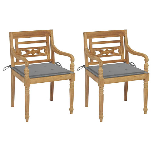 vidaXL Chaises Batavia lot de 2 avec coussins gris Bois de teck massif