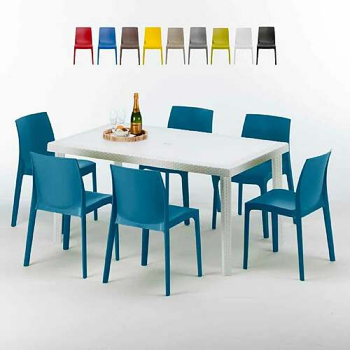 Table Rectangulaire Blanche 150x90cm Avec 6 Chaises Colorées Grand Soleil Set Extérieur Bar Café Rome Summerlife, Couleur: Bleu