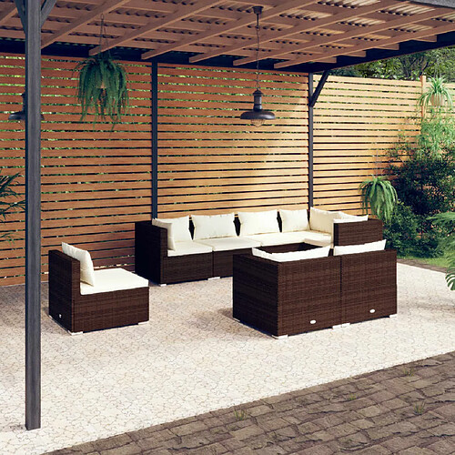 vidaXL Salon de jardin 8 pcs avec coussins Résine tressée Marron