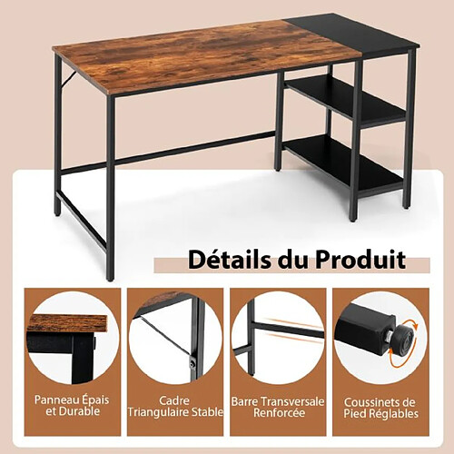 Helloshop26 Bureau d'ordinateur 140 cm grand bureau à domicile avec étagères de rangement à 2 niveaux bureau moderne avec cadre en acier robuste marron rustique 20_0004831